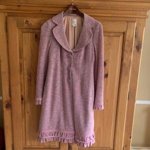 Nanette Lepore Pink Wool Blend Long Sweater Coat with Ruffle Trim, Size M
